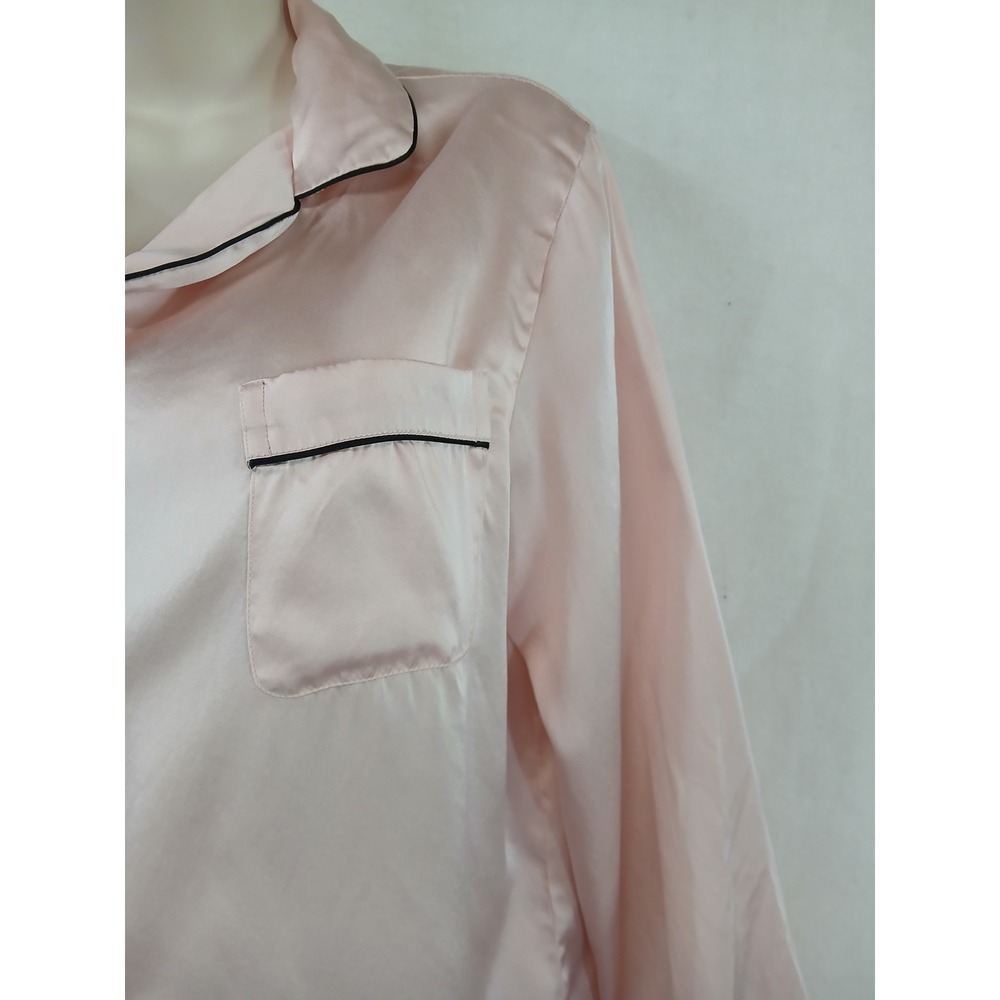 SilkSilky Pink 100% Silk Pajama Top Long Sleeve Button Down Contrast Piping M - Picture 3 of 7